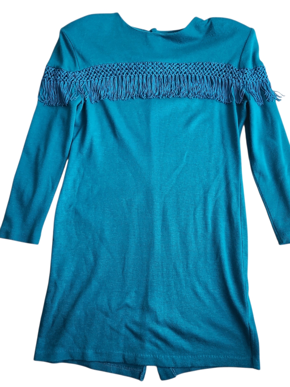 Vintage Hearts Fringe Knit Dress Women's 9/10 Blue Western 90s USA Crochet Midi
